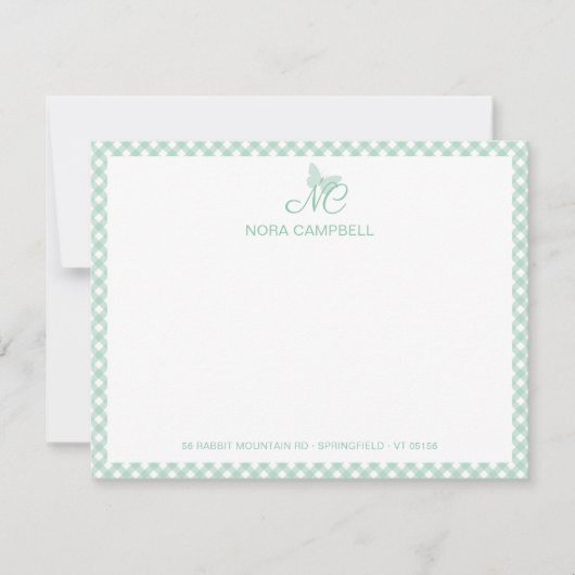 Modern Elegant Monogram Mint Green Gingham control Notitiekaartje (Voorkant)