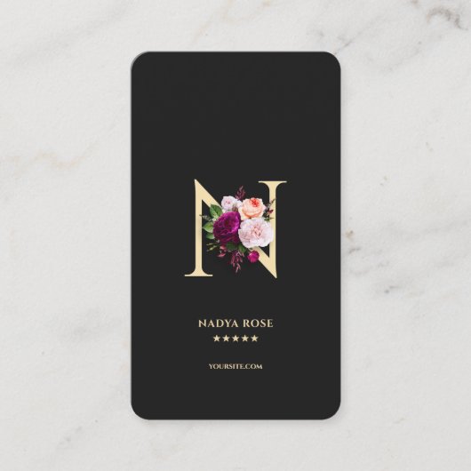 Modern Elegant Monogram N Bloemen Zwart Goud Visitekaartje (Voorkant)