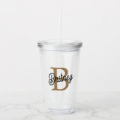 Modern Elegant Monogram Naam Zwart Goud Script Acryl Drinkbeker (Voorkant)