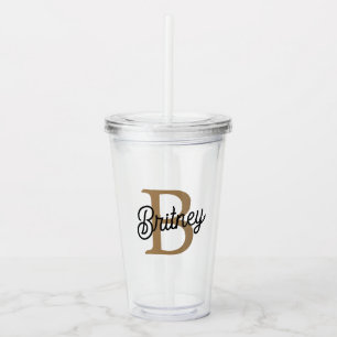 Modern Elegant Monogram Naam Zwart Goud Script Acryl Drinkbeker