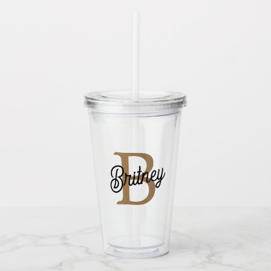 Modern Elegant Monogram Naam Zwart Goud Script Acryl Drinkbeker (Voorkant)