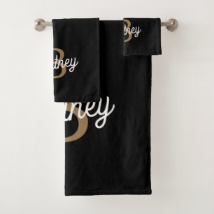 Modern Elegant Monogram Naam Zwart Goud Script Bad Handdoek