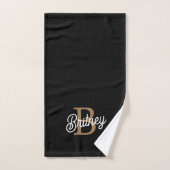 Modern Elegant Monogram Naam Zwart Goud Script Bad Handdoek (Handdoek)