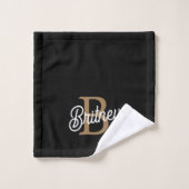 Modern Elegant Monogram Naam Zwart Goud Script Bad Handdoek (Wasdoekje)