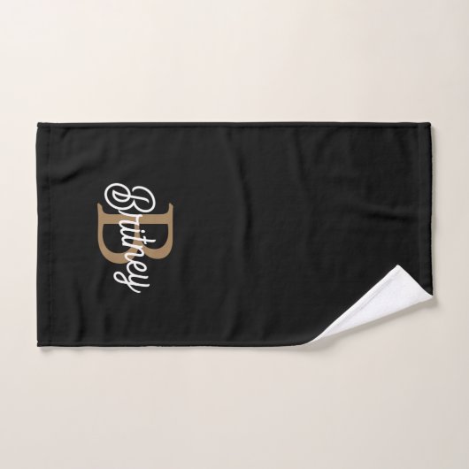 Modern Elegant Monogram Naam Zwart Goud Script Bad Handdoek (Handdoek)