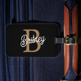 Modern Elegant Monogram Naam Zwart Goud Script Bagagelabel