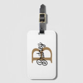 Modern Elegant Monogram Naam Zwart Goud Script Bagagelabel (Voorkant (verticaal))