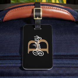 Modern Elegant Monogram Naam Zwart Goud Script Bagagelabel