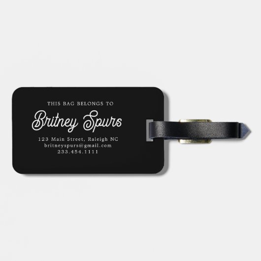 Modern Elegant Monogram Naam Zwart Goud Script Bagagelabel (Achterkant horizontaal)