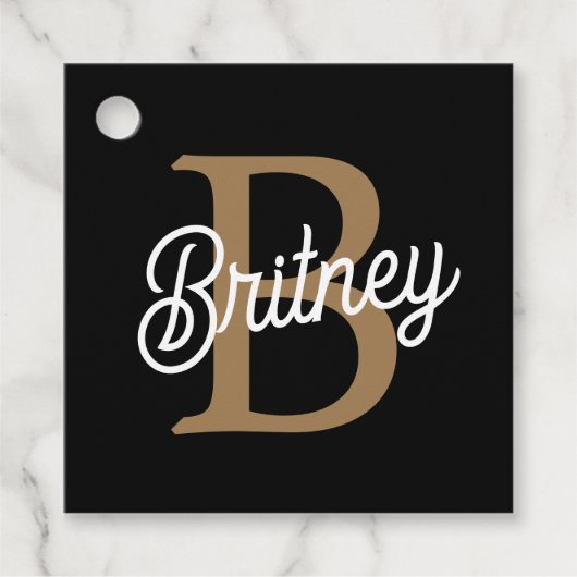 Modern Elegant Monogram Naam Zwart Goud Script Bedankjes Labels (Voorkant)