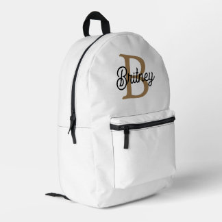 Modern Elegant Monogram Naam Zwart Goud Script Bedrukte Rugzak