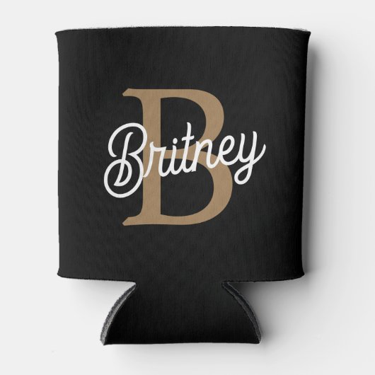 Modern Elegant Monogram Naam Zwart Goud Script Blikjeskoeler (Voorkant)