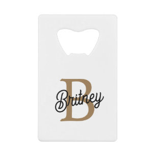 Modern Elegant Monogram Naam Zwart Goud Script Creditkaart Flessenopener
