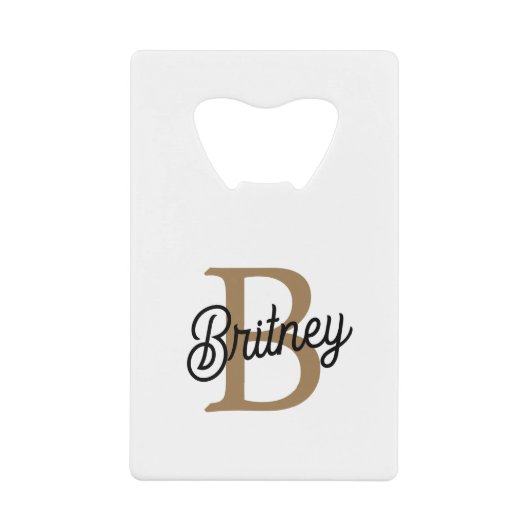 Modern Elegant Monogram Naam Zwart Goud Script Creditkaart Flessenopener (Voorkant)