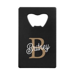 Modern Elegant Monogram Naam Zwart Goud Script Creditkaart Flessenopener