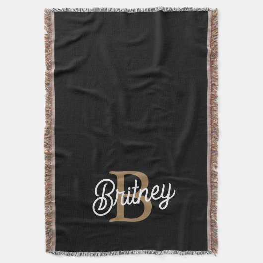 Modern Elegant Monogram Naam Zwart Goud Script Deken (Voorkant Verticaal)