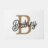 Modern Elegant Monogram Naam Zwart Goud Script Deurmat (Voorkant)