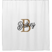 Modern Elegant Monogram Naam Zwart Goud Script Douchegordijn (Voorkant)