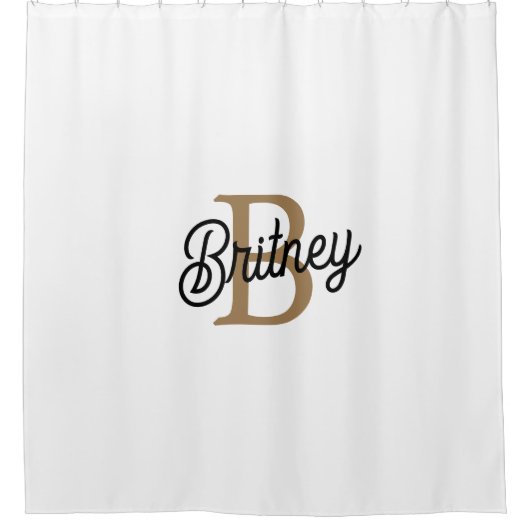 Modern Elegant Monogram Naam Zwart Goud Script Douchegordijn (Voorkant)
