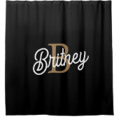 Modern Elegant Monogram Naam Zwart Goud Script Douchegordijn (Voorkant)