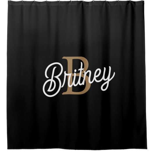 Modern Elegant Monogram Naam Zwart Goud Script Douchegordijn (Voorkant)