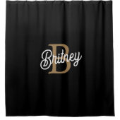 Modern Elegant Monogram Naam Zwart Goud Script Douchegordijn (Voorkant)