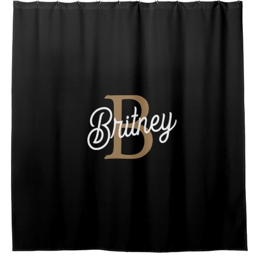 Modern Elegant Monogram Naam Zwart Goud Script Douchegordijn (Voorkant)