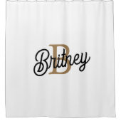 Modern Elegant Monogram Naam Zwart Goud Script Douchegordijn (Voorkant)