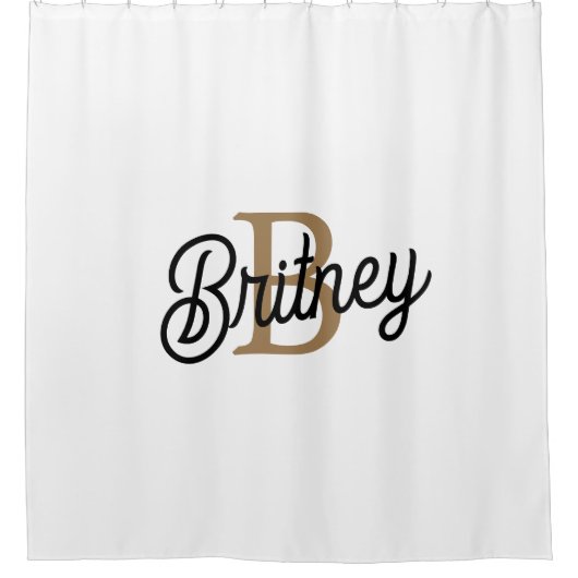Modern Elegant Monogram Naam Zwart Goud Script Douchegordijn (Voorkant)