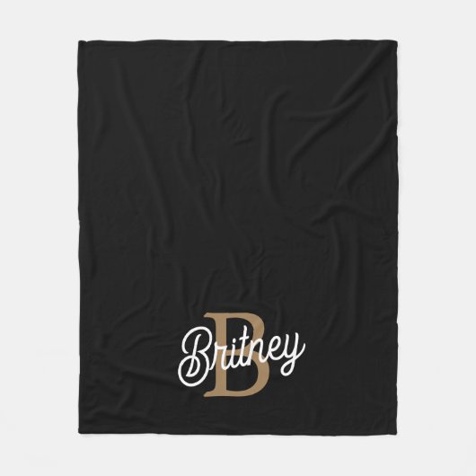 Modern Elegant Monogram Naam Zwart Goud Script Fleece Deken (Voorkant)