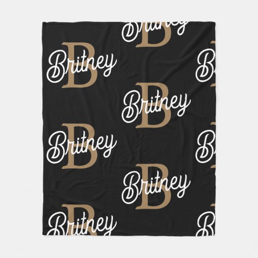 Modern Elegant Monogram Naam Zwart Goud Script Fleece Deken (Voorkant)