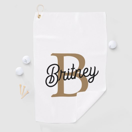 Modern Elegant Monogram Naam Zwart Goud Script Golfhanddoek (Insitu)