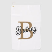 Modern Elegant Monogram Naam Zwart Goud Script Golfhanddoek (Voorkant)