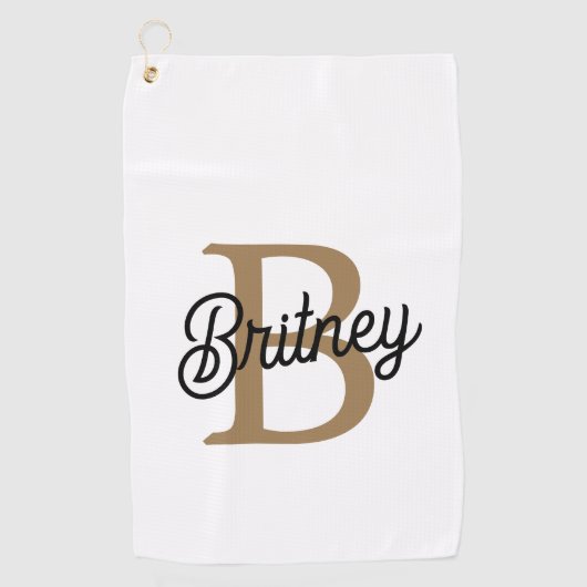 Modern Elegant Monogram Naam Zwart Goud Script Golfhanddoek (Voorkant)