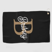 Modern Elegant Monogram Naam Zwart Goud Script Golfhanddoek (Horizontaal)