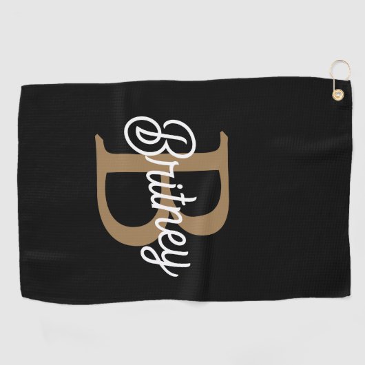 Modern Elegant Monogram Naam Zwart Goud Script Golfhanddoek (Horizontaal)