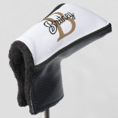 Modern Elegant Monogram Naam Zwart Goud Script Golfheadcover (3/4 voorkant)