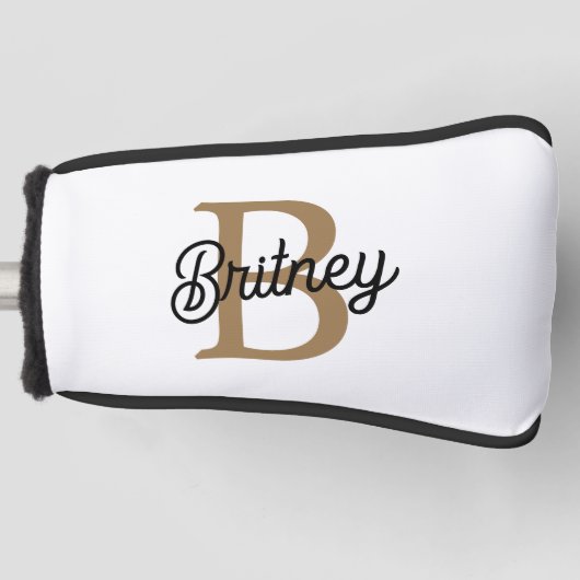 Modern Elegant Monogram Naam Zwart Goud Script Golfheadcover (Voorkant)