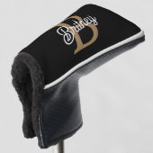 Modern Elegant Monogram Naam Zwart Goud Script Golfheadcover (3/4 voorkant)