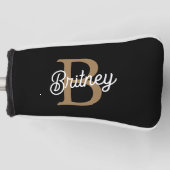Modern Elegant Monogram Naam Zwart Goud Script Golfheadcover (Voorkant)