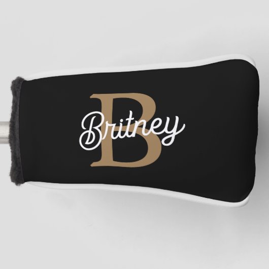 Modern Elegant Monogram Naam Zwart Goud Script Golfheadcover (Voorkant)