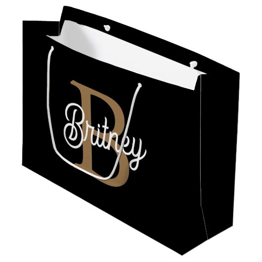Modern Elegant Monogram Naam Zwart Goud Script Groot Cadeauzakje (Voorkant Gekanteld)