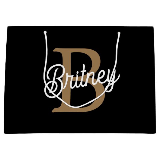 Modern Elegant Monogram Naam Zwart Goud Script Groot Cadeauzakje (Voorkant)