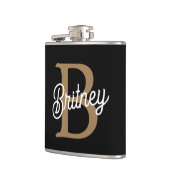 Modern Elegant Monogram Naam Zwart Goud Script Heupfles (Links)