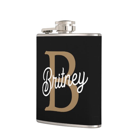 Modern Elegant Monogram Naam Zwart Goud Script Heupfles (Links)