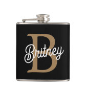 Modern Elegant Monogram Naam Zwart Goud Script Heupfles (Voorkant)