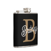 Modern Elegant Monogram Naam Zwart Goud Script Heupfles (Rechts)