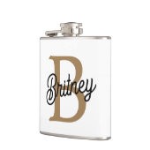 Modern Elegant Monogram Naam Zwart Goud Script Heupfles (Links)