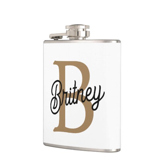 Modern Elegant Monogram Naam Zwart Goud Script Heupfles (Links)