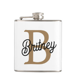 Modern Elegant Monogram Naam Zwart Goud Script Heupfles